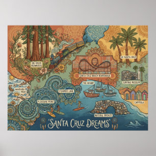 Santa Cruz California Dreams Karte – Lebendige Küs Poster