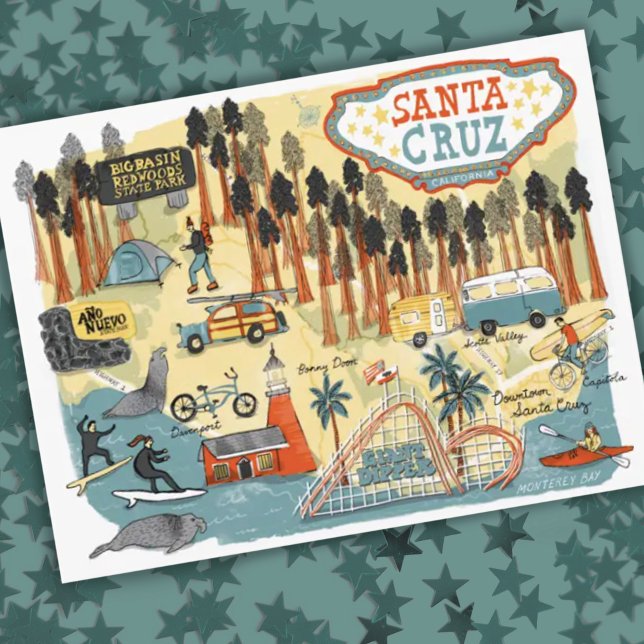 Santa Cruz California Illustrated Map Postkarte (Von Creator hochgeladen)