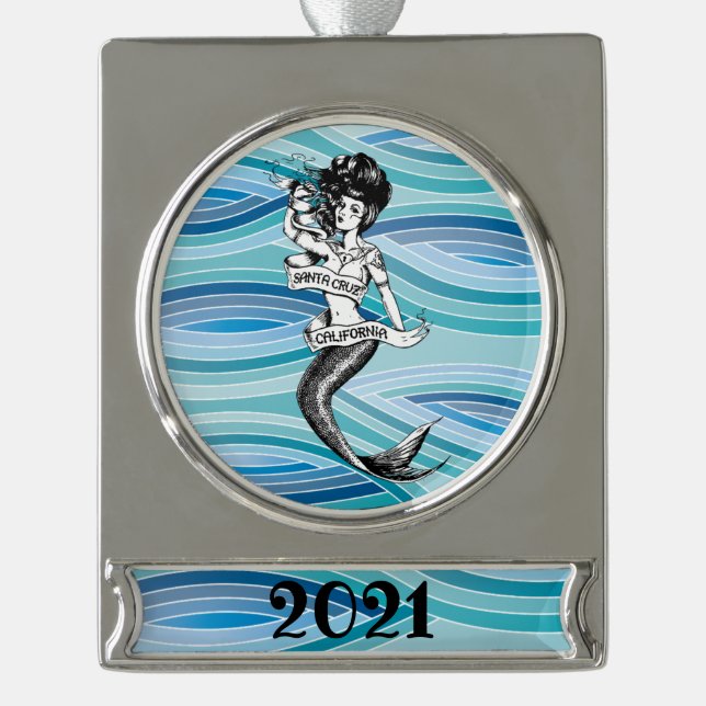Santa Cruz California Mermaid 2021 Banner-Ornament Silber (Vorderseite)