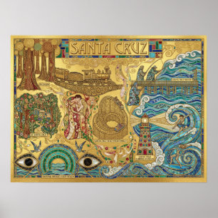 Santa Cruz California Mosaik Karte Pier Strand Poster