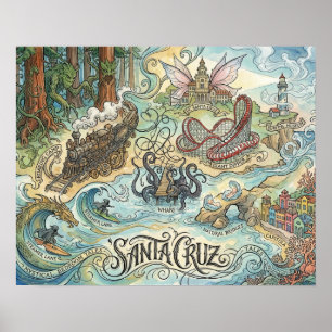 Santa Cruz Kalifornien Illustrierte Karte Mythisch Poster