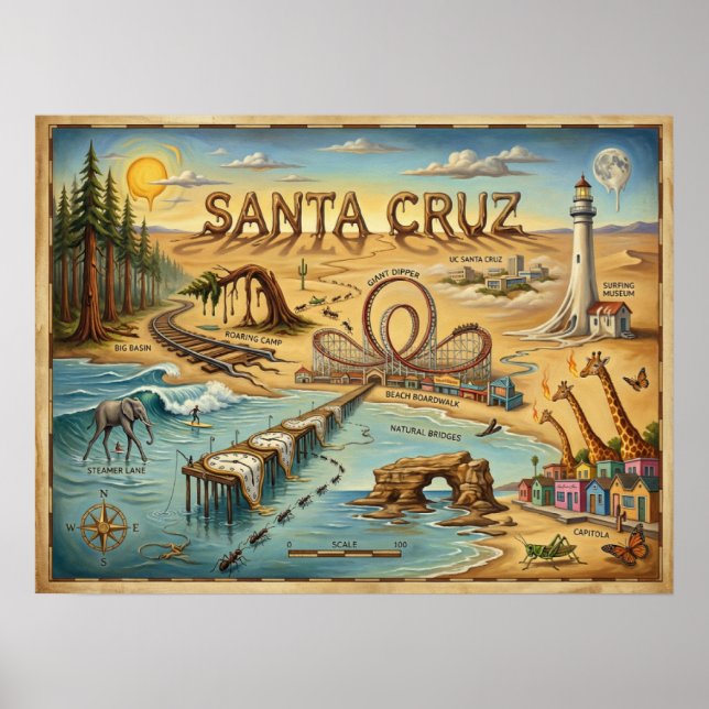 Santa Cruz Pop Art Map – Bold Coastal Landmark Poster (Vorne)
