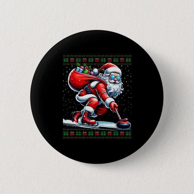 Santa Curling Ugly Christmas Sweater  Button (Vorderseite)