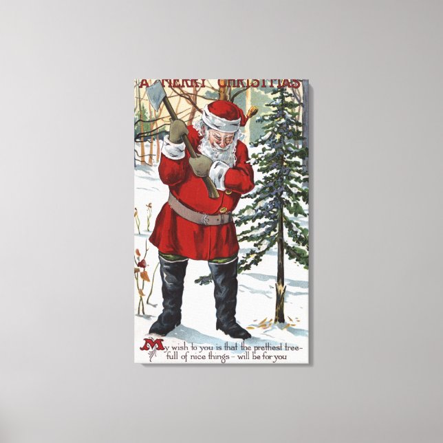 Santa Cutting Weihnachtsbaum Leinwanddruck (Vorderseite)