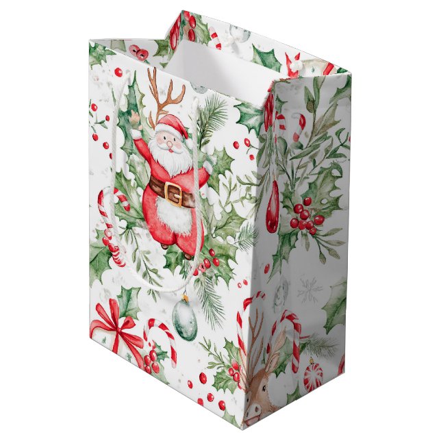 Santa Deer Baubles Holly Mittlere Geschenktüte (Rückseite Schrägansicht)