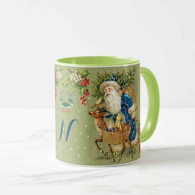 SANTA,DEER,CHRISTMAS GIFTS IN WINTERSCHNEE Monogra Tasse (VorderseiteRechts)