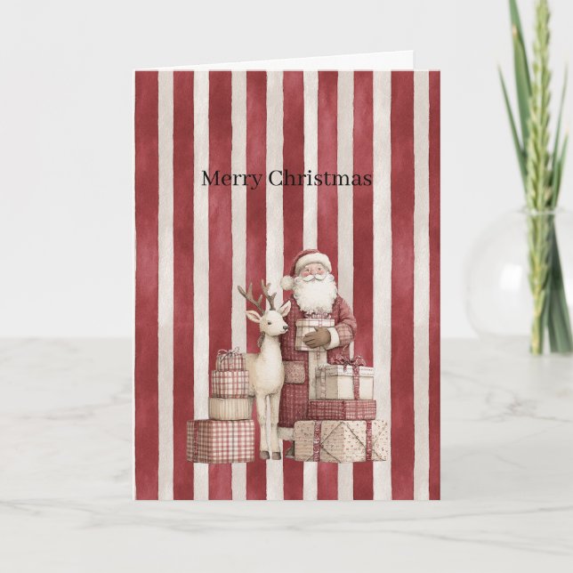 Santa Deer Gifts Red Cream Stripes Christmas    Karte (Vorderseite)