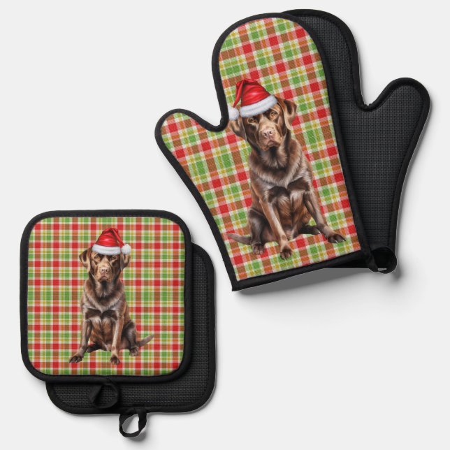 Santa Dog Chocolate Lab Holiday Plaid Christmas Ofenhandschuh & Topflappen-Set (Vorderseite/Rückseite)