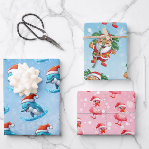 Santa, Dolphin, Flamingo Weihnachtswrapping Paper Geschenkpapier Set