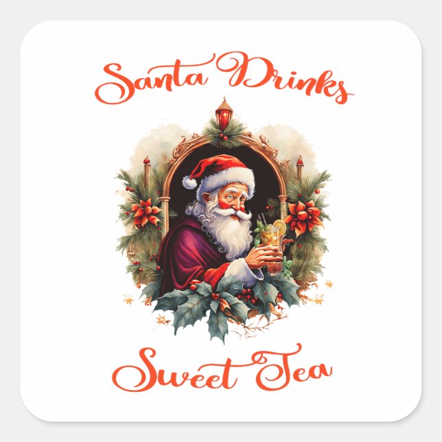 Santa Drinks Süßteeaufkleber Quadratischer Aufkleber (Vorderseite)