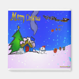 Santa_drops_gifts_by_snowman_and_snow_covers_hous Magnet