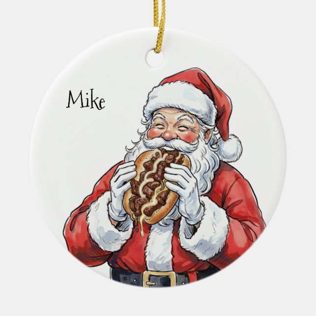 Santa eating Philly Cheesesteak Ceramic Ornament (Vorne)