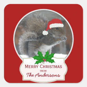 Santa Eichhörnchen Personalisiert Weihnachtsklebe Quadratischer Aufkleber
