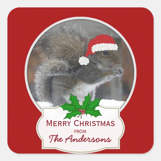Santa Eichhörnchen Personalisiert Weihnachtskleber Quadratischer Aufkleber (Vorderseite)
