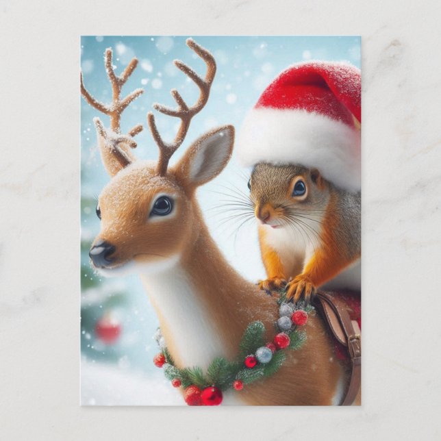 Santa Eichhörnchen und Rentier Postkarte (Vorderseite)