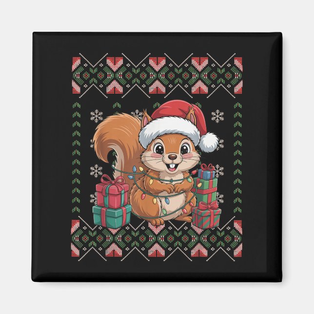 Santa Eichhörnchen Weihnachten Hässlicher Pullover Magnet (Vorne)