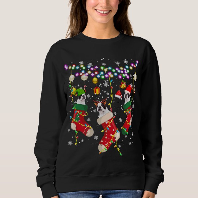 Santa ELF Reindeer Boston Terrier in Christmas Soc Sweatshirt (Vorderseite)