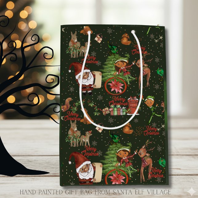 Santa & Elf Village Whimsical Holiday Gift Bag Mittlere Geschenktüte (Santa & Elf Village Whimsical Holiday Gift Bag)