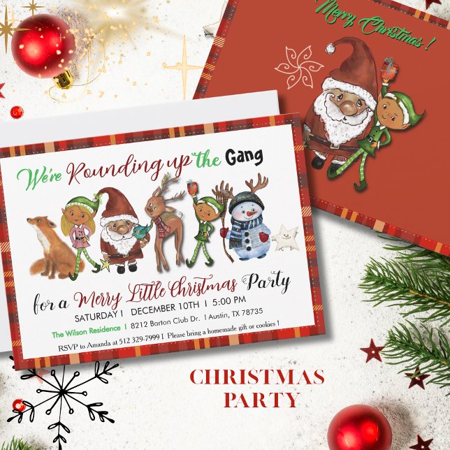Santa, Elves, Deer & Snowman Gang Red Plaid Einladung (Santa, Elves, Deer & Snowman Gang Red Plaid Invitation)