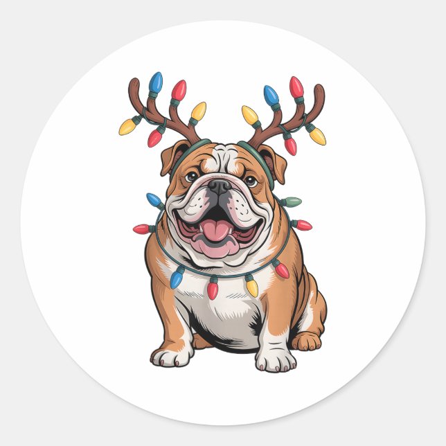 Santa English Bulldog Reindeer Light Christmas  Runder Aufkleber (Vorderseite)
