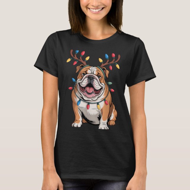 Santa English Bulldog Reindeer Light Christmas  T-Shirt (Vorderseite)