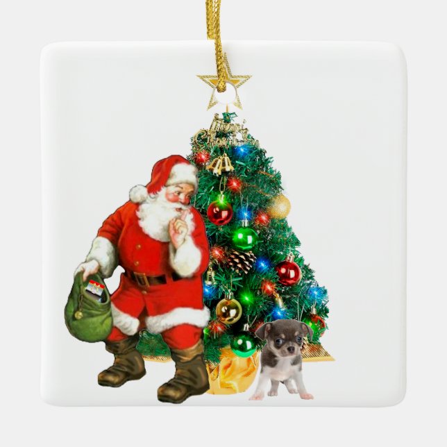 Santa entdeckt von einer Welpenverzierung Keramikornament (Vorderseite)