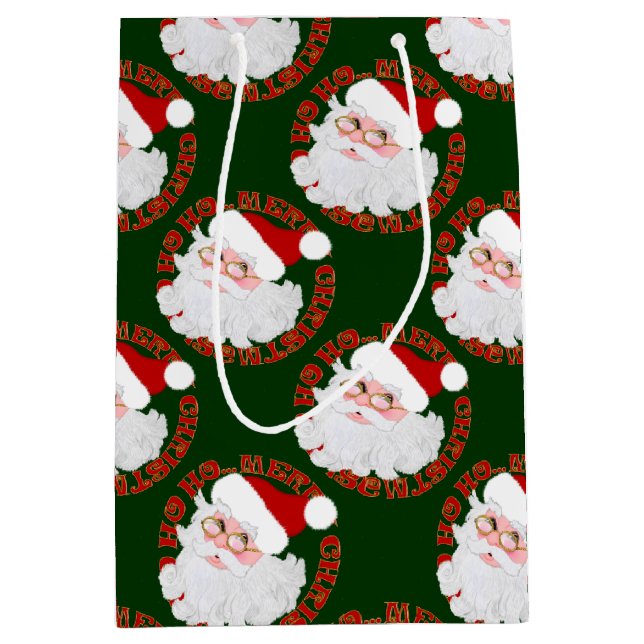 Santa Face Circles Green-Gift-Bag Mittlere Geschenktüte (Vorderseite)