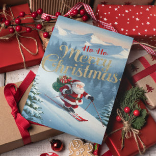Santa fährt auf Skiern einen schneebedeckten Hang Postkarte