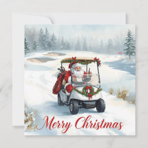 Santa fährt Golfcart auf dem Winter-Golfplatz