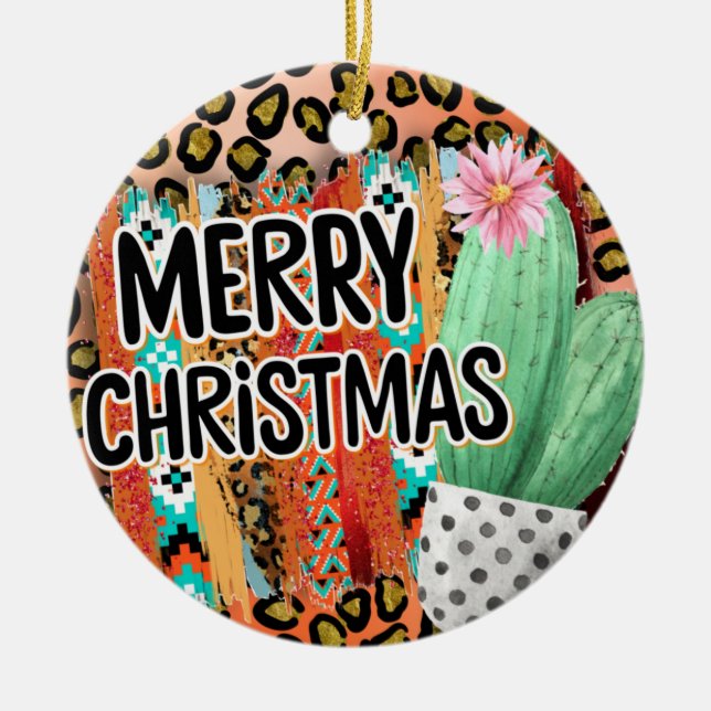 Santa Fe Merry Christmas Serape und Cactus Keramik Ornament (Vorne)
