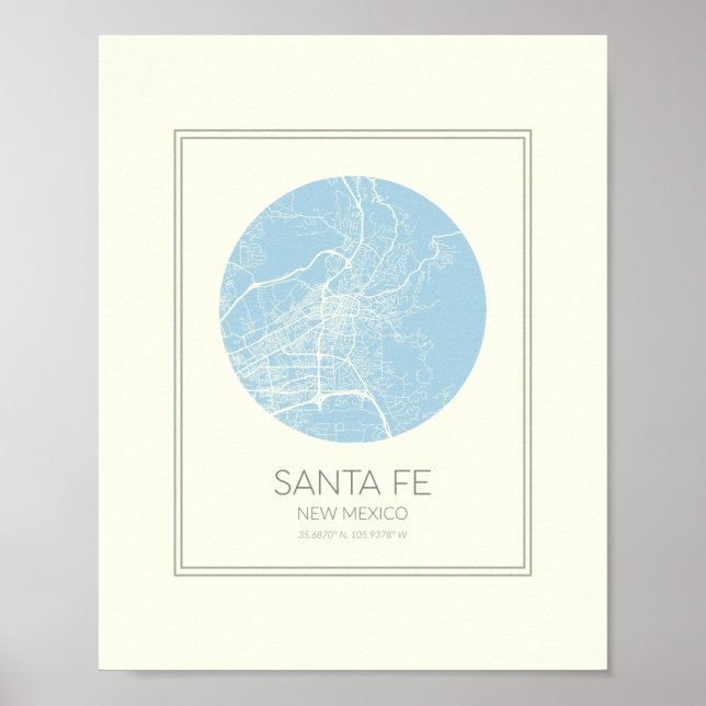 Santa Fe New Mexico Minimalistisch Pasta Blue Map Poster (Vorne)