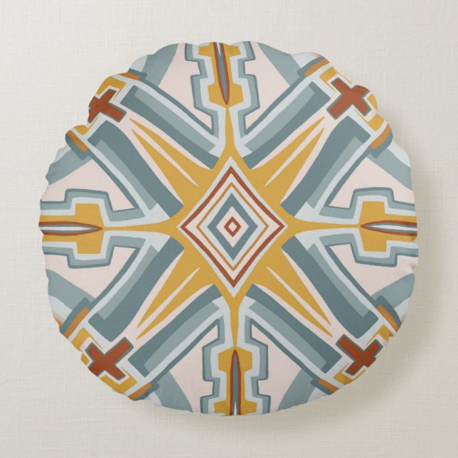 Santa Fe Tiles Boho Geometric Muster Chic Rundes Kissen (Vorderseite)