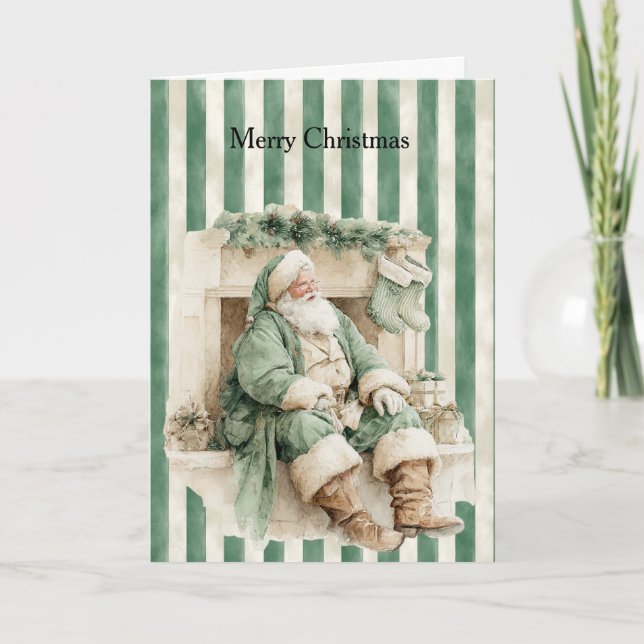 Santa Fireplace Stockings Green Stripes Christmas Karte (Vorderseite)