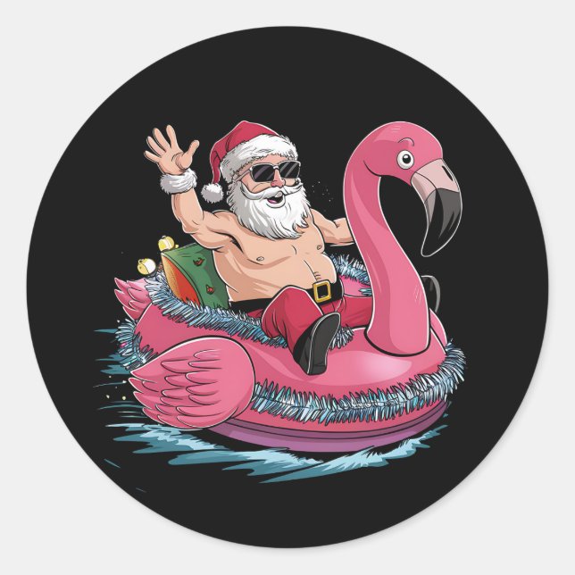 Santa Flamingo Floatie Weihnachten im Juli Sommer Runder Aufkleber (Vorderseite)