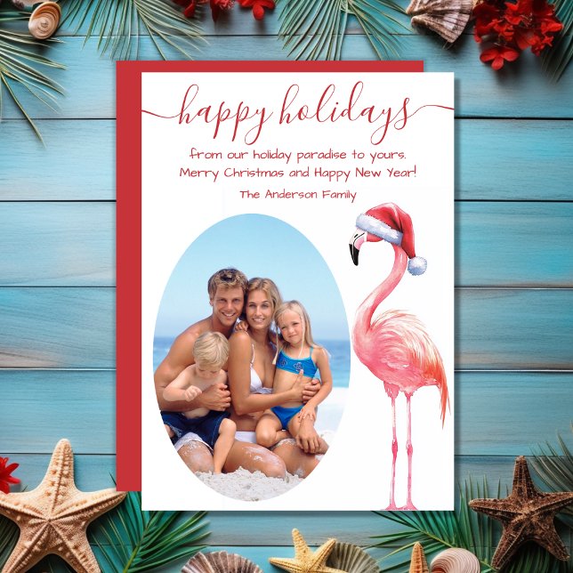 Santa Flamingo FOTO Tropical Beach Weihnachten (Santa Flamingo PHOTO Tropical Beach Christmas Holiday Card)