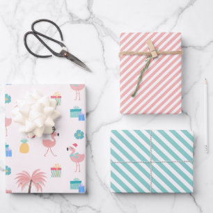 Santa Flamingo Pattern Fun Pink Tropisches Weihnac Geschenkpapier Set