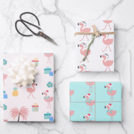 Santa Flamingo Pattern Fun Pink Tropisches Weihnac Geschenkpapier Set