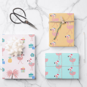 Santa Flamingo Pattern Fun Pink Tropisches Weihnac Geschenkpapier Set