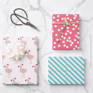 Santa Flamingo Pattern Fun Pink Tropisches Weihnac Geschenkpapier Set