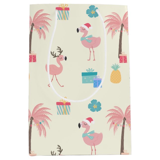 Santa Flamingo Pattern Fun Pink Tropisches Weihnac Mittlere Geschenktüte (Vorderseite)