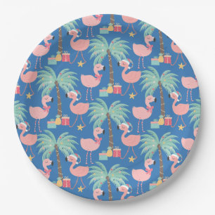Santa Flamingo's - Fun Blue Tropical Weihnachten Pappteller