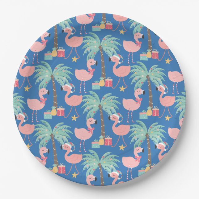 Santa Flamingo's - Fun Blue Tropical Weihnachten Pappteller (Vorderseite)