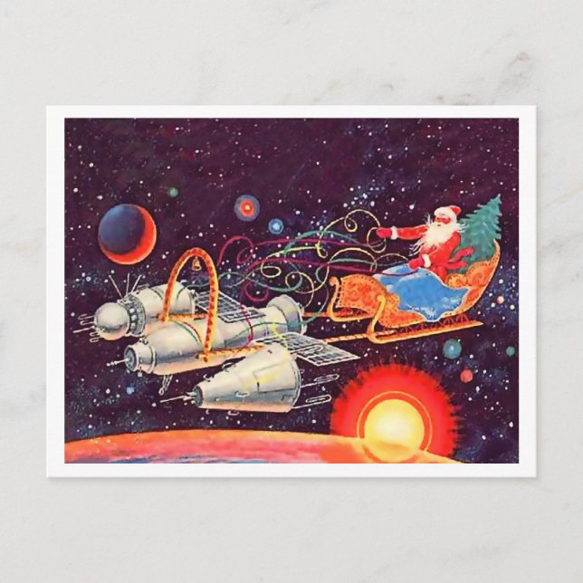 Santa Fliege mit Raketen, sowjetisches Vintages Ne Postkarte (Vorderseite)