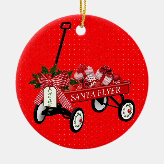 Santa Flyer Toy Wagon Name Porzellan Weihnachten Keramik Ornament (Vorne)