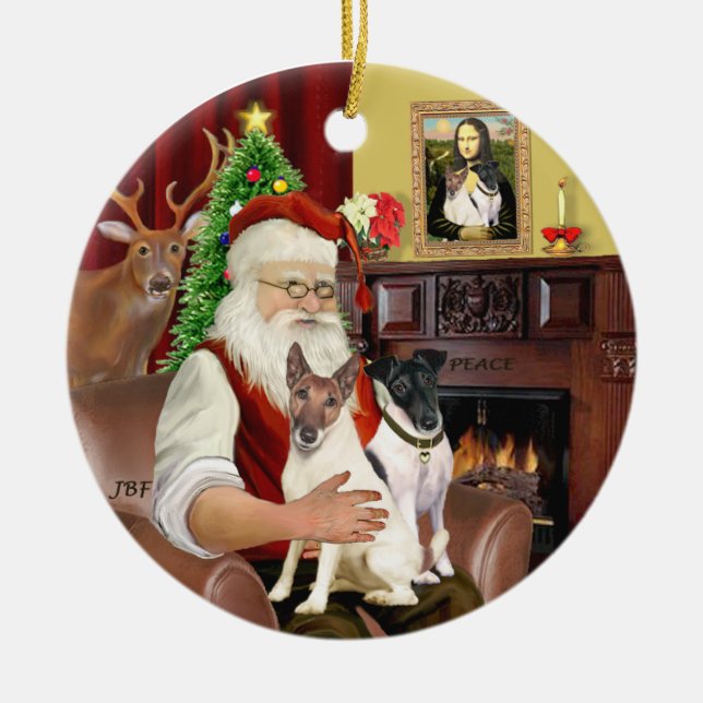 Santa - Fox Terriers (ZWEI-glatt) Keramik Ornament (Vorne)