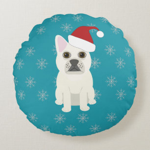Santa Frenchie, Blaue Schneeflocken Rundes Kissen