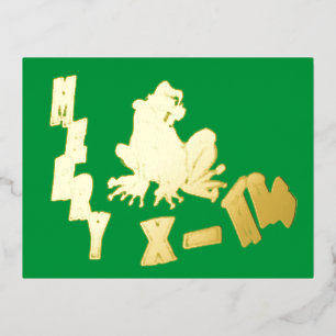 Santa Frog Green Christmas Gold Foil Postcard Folien Feiertagspostkarte