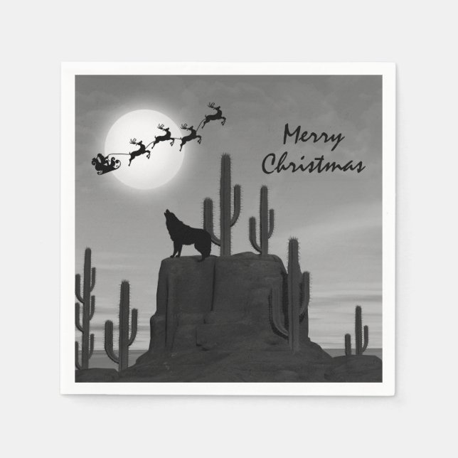 Santa Full Moon Wolf Wüste Südwestliche Weihnachte Serviette (Vorderseite)