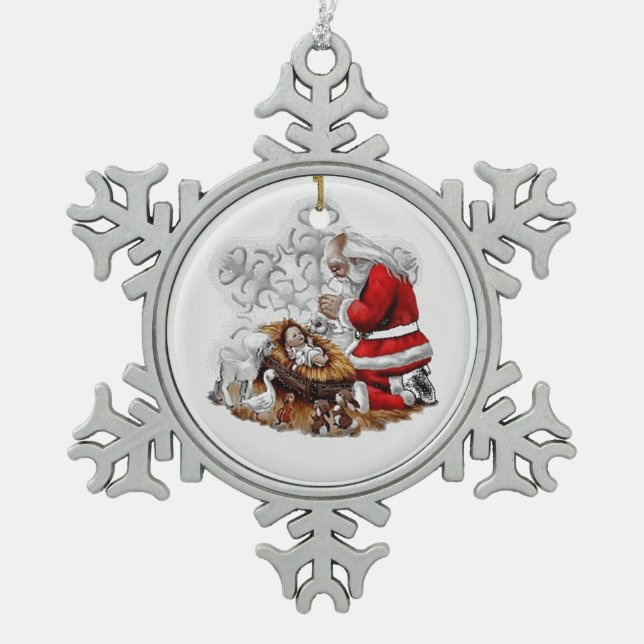 Santa Gebete über das Baby Jesus Schneeflocken Zinn-Ornament (Vorderseite)