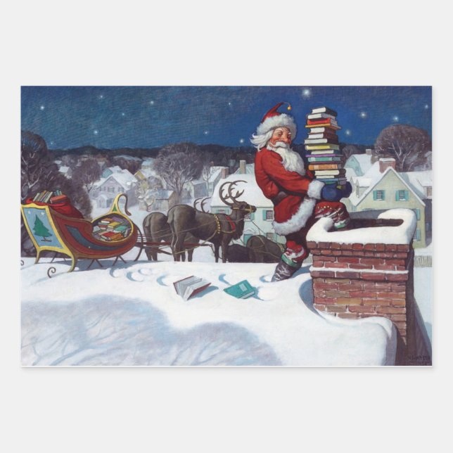Santa geht mit Büchern über den Schornstein Geschenkpapier Set (Vorderseite 2)